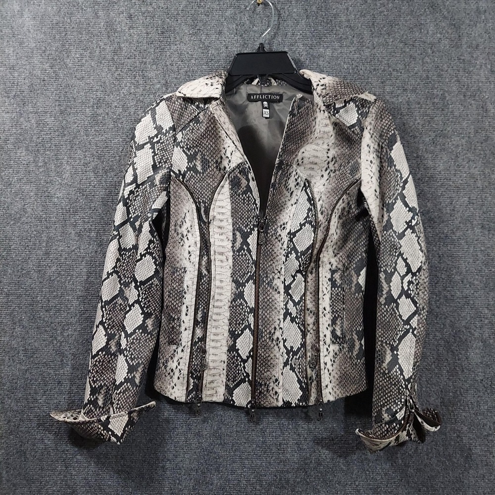 Affliction Jacket Womens XS Gray Snake Print Faux Leather Moto Biker Zip‎